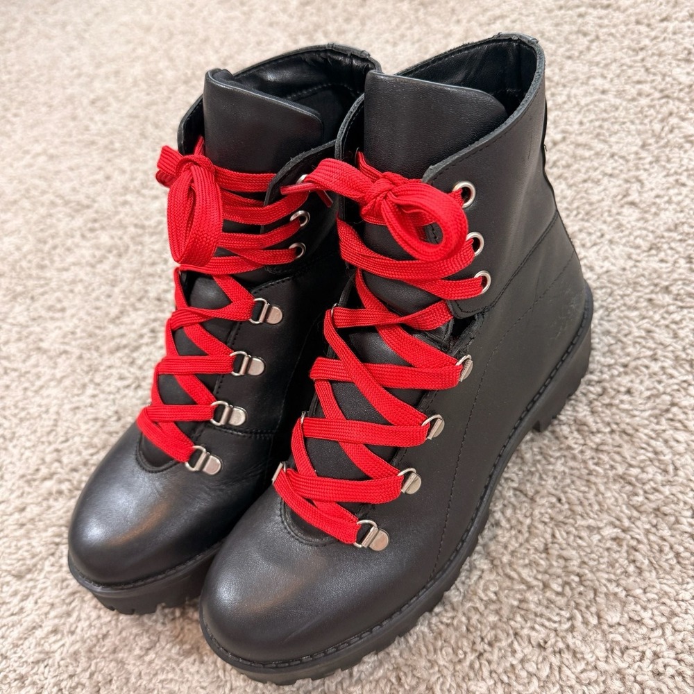Steve Madden Black Combat Boots Red Laces Lug Sole Platform Womens‎ 7.5 EUC